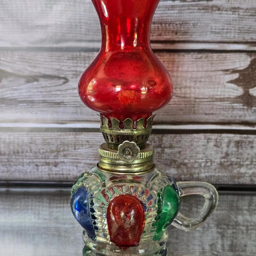 Vintage Mini 7" Hurricane Oil Lamp Red, Green, Blue Hong Kong 50s 60s